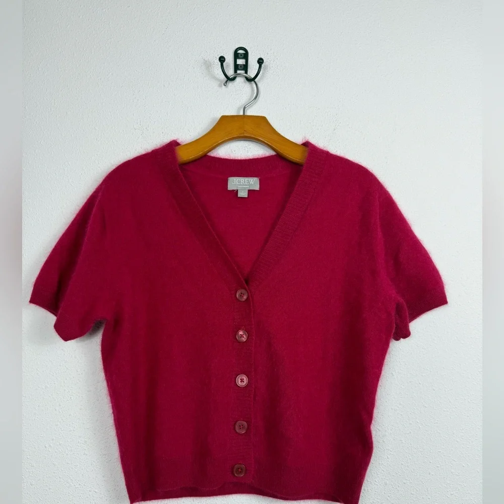 J.Crew Brushed cashmere short-sleeve cardigan Crimson Rouge Sz Small - Picture 2 of 7
